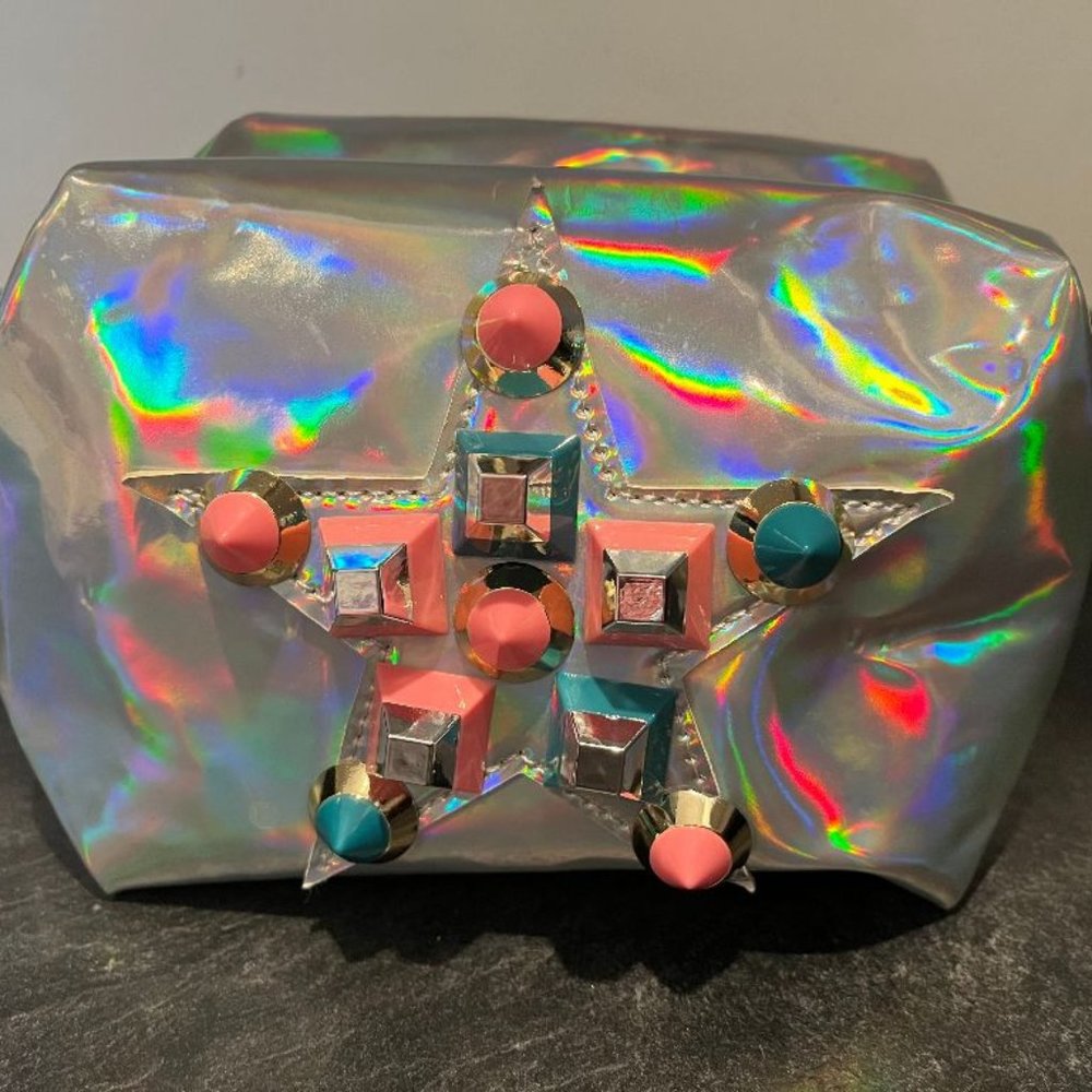 Bari Lynn Holographic Iridescent Makeup Bag Cosmetic Case Studs Star Spikes RARE